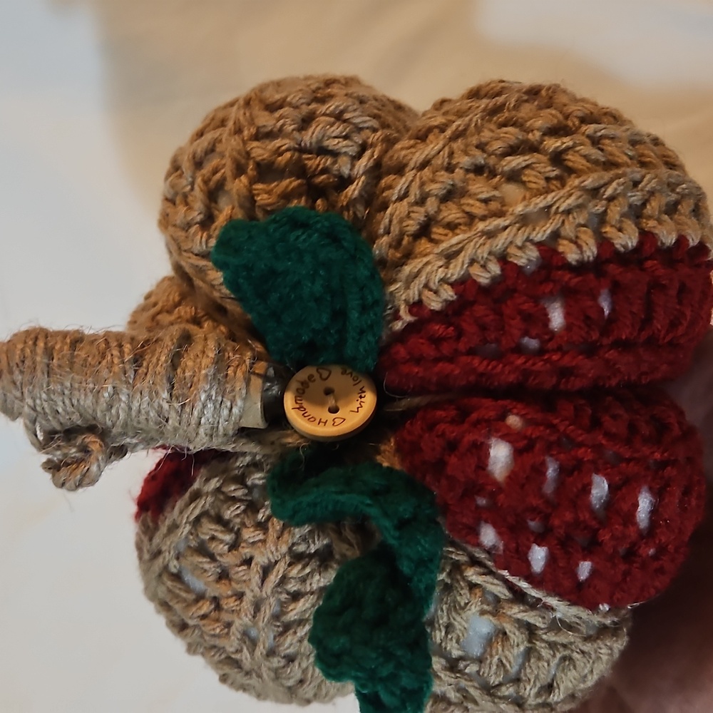 Handmade Crochet Pumpkin Crochet Rustic Fall Decor with Jute Stem and Green leaf - Picture 12 of 17